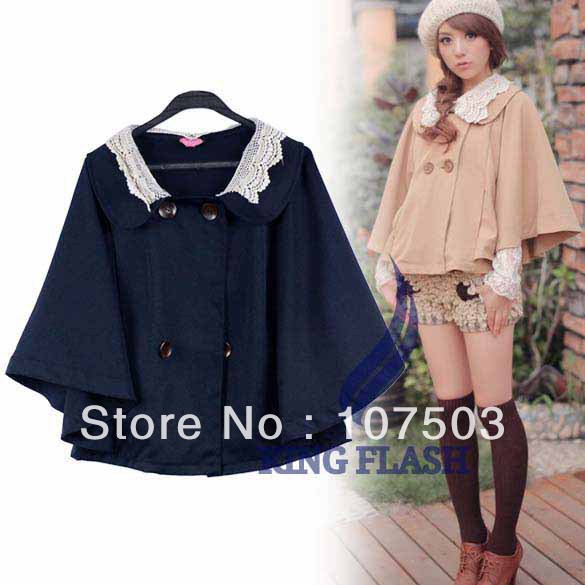 Korea Lady Women's Lace Collar Princess Pattern Batwing Cape Cloak Coat Jacket Outwear Khaki, Blue free shipping 7744