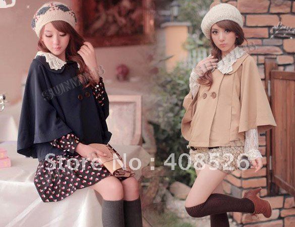 Korea Lady Women's Lace Collar Princess Pattern Batwing Cape Cloak Coat Jacket Outwear Khaki, Blue free shipping 7744