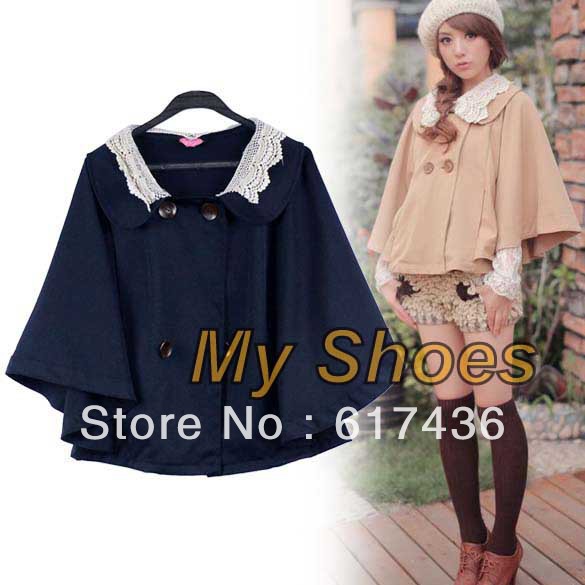 Korea Lady Women's Lace Collar Princess Pattern Batwing Cape Cloak Coat Jacket Outwear Khaki, Blue free shipping 7744