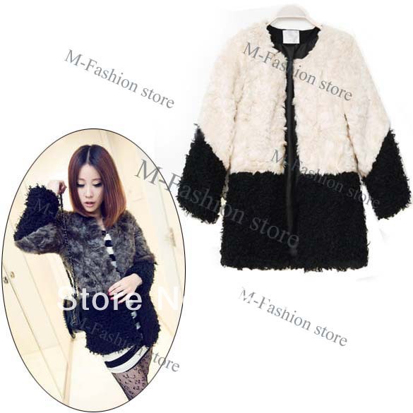 Korea New Cool Women Cute Splice Color fur Cotton Coat Outwear Jacket New Gray, White free shipping 8056