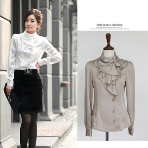 Korea OL Lady Stand Collar Ruffles Flounce Shrug Blouse Top Size XS s M L 4Sizes