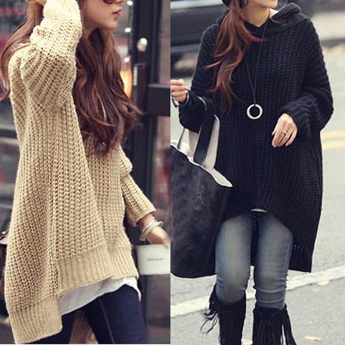 Korea Style Fashion Outerwear Women Loose Long Irregular Hem Knit Hooded Sweater WS15