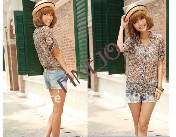 Korea style leopard print V Neck turn-up cuff thin long sleeve shirt free shipping 2011