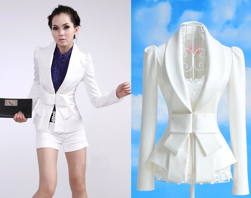 Korea Style New Women's Big Bowknot Career White Slim Suit Coats Jackets Tops
