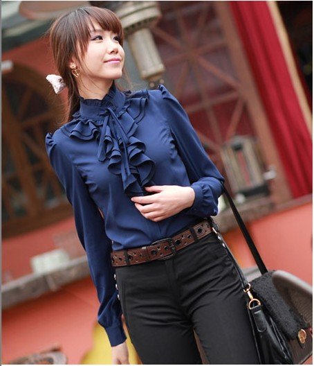 Korea Style Womens Fashion Lotus Stand Collar Long Sleeve Chiffon Shirt Navy/White N2557