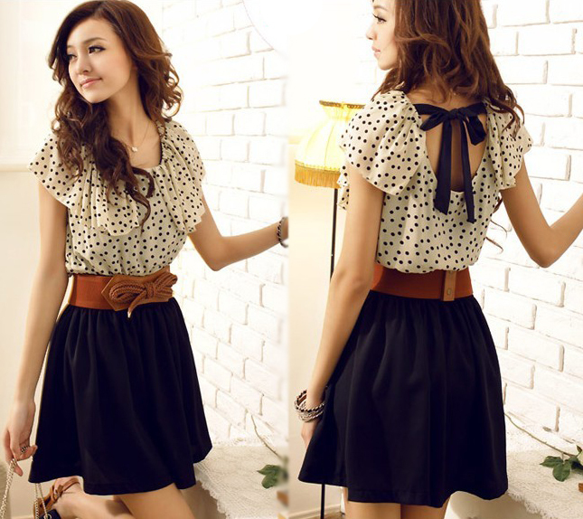 Korea Summer Top Fashion Short-sleeve Print Dots Polka Waist Mini Chiffon Women Casual Dress Free Shipping 5xz