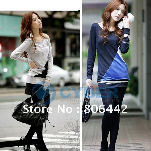 Korea Women Elegant Cotton Blends Joining Together Long Sleeve Shirt Tops Blouse Free Shipping