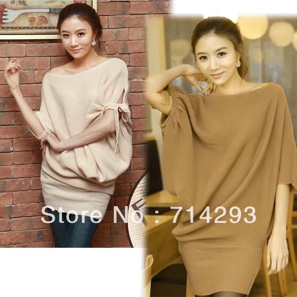 Korea Women's Boat Neck Irregular Batwing Sleeve Over Hip Knitted Sweater Dress Free shipping 9407