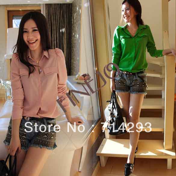 Korea Women's Candy Color Chiffon blouse Long Sleeve Button Down Shirt Shoulder Padded Tops 2 Colors free shipping 7482