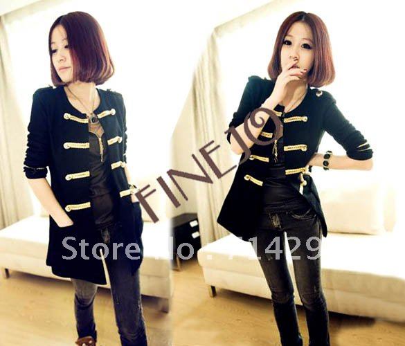 Korea Women's Coat Golden Buttons Double-breasted Cardigan Outerwear Black free shipping 6108