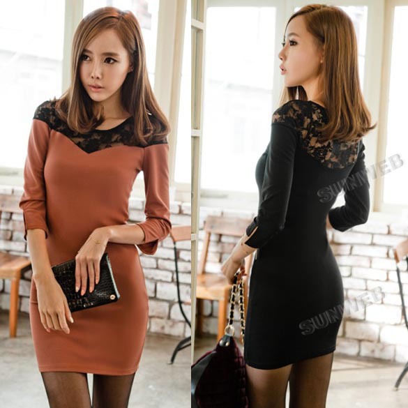 Korea Women's Cotton Splicing Open Fork Sleeve Over Hip long sleeve Mini Lace Dress free shipping 10025