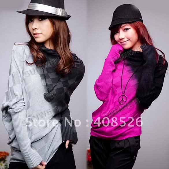 Korea Women's Irregular Long Sleeve Batwing Sweater Jumper Knitting Knitwear Tops Casual Gray/Rose Red free shipping 7825