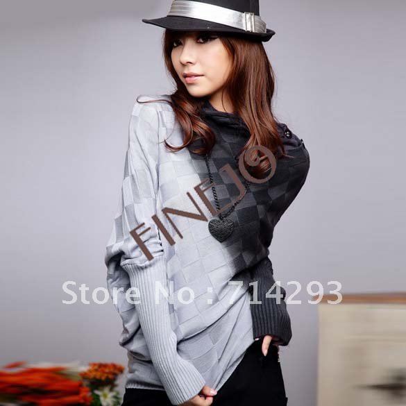 Korea Women's Irregular Long Sleeve Batwing Sweater Jumper Knitting Knitwear Tops Casual Gray/Rose Red free shipping 7825