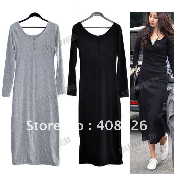 Korea Women's Ladies Casual Fashion Long Sleeve Slim Chic Stretch Long Dress Maxi Skirt 2 Color free shipping 7558