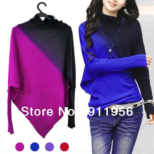 Korea Women's Ladies Irregular Long Sleeve Knitted Batwing Sweater Wear Jumper Casual Tops 4 colors free shipping #65