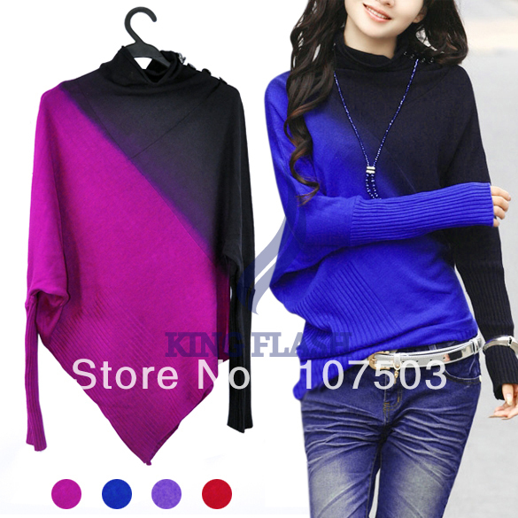 Korea Women's Ladies Irregular Long Sleeve Knitted Batwing Sweater Wear Jumper Casual Tops 4 colors free shipping 7276