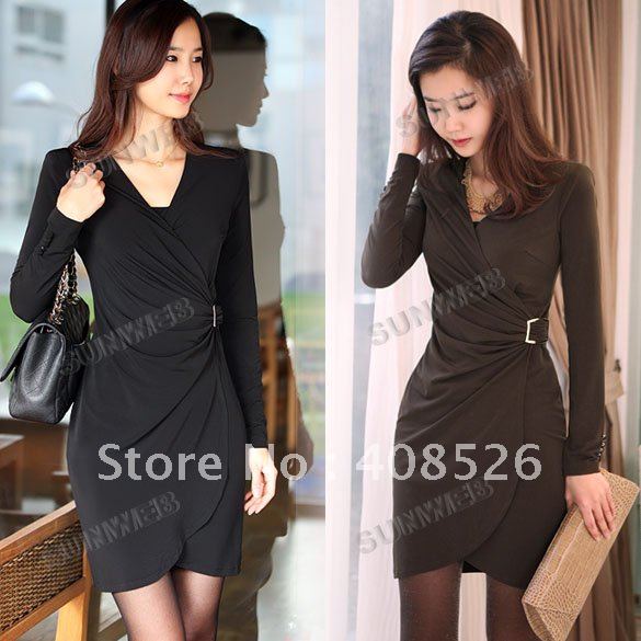 Korea Women's Ladies Sexy Deep V-Neck Slim Fit Mini Long Sleeve Dress 2 Colors Black, Brown free shiping 7520