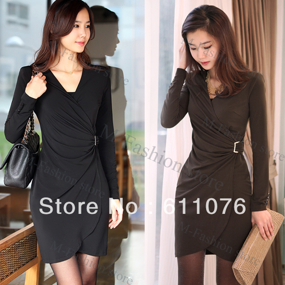 Korea Women's Ladies Sexy Deep V-Neck Slim Fit Mini Long Sleeve Dress 2 Colors Black, Brown free shiping 7520