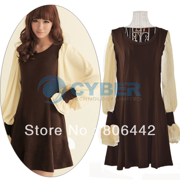Korea Women's Long Lantern Chiffon Sleeve Mini Dress Skirt Coffee Colors Free Shipping 9061