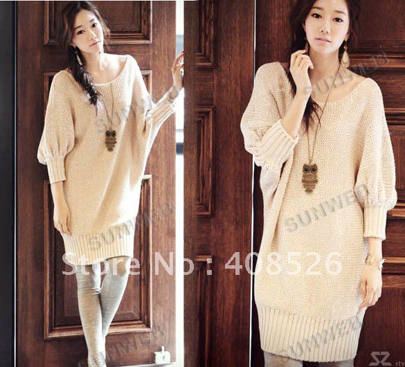 Korea Women's long Loose Batwing Sleeve Knitwear Knit Sweater Jumper Top Apricot free shipping 6165