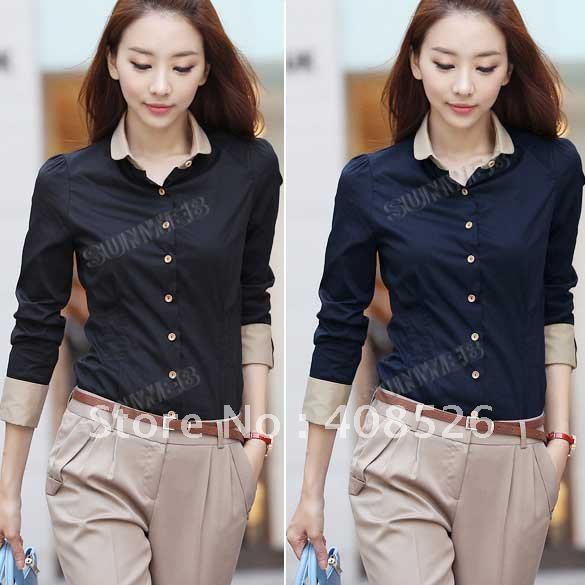 Korea Women's Long Sleeve OL Blouse/ Shirts/ Tops Black,blue S,M,L,XL free shipping 7748