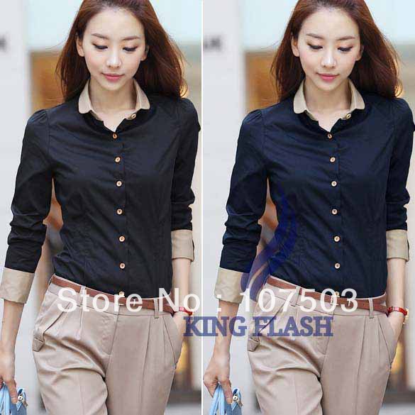 Korea Women's Long Sleeve OL Blouse/ Shirts/ Tops Black,blue S,M,L,XL free shipping 7748