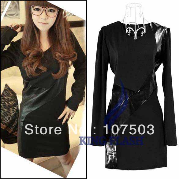 Korea Women's Long Sleeve V-Neck Synthetic Leather Splicing Cotton Mini Dress free shipping 8434