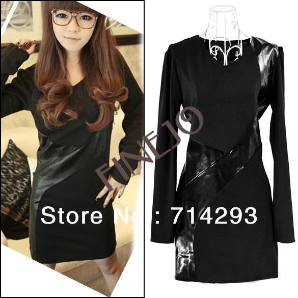 Korea Women's Long Sleeve V-Neck Synthetic Leather Splicing Cotton Mini Dress free shipping 8434
