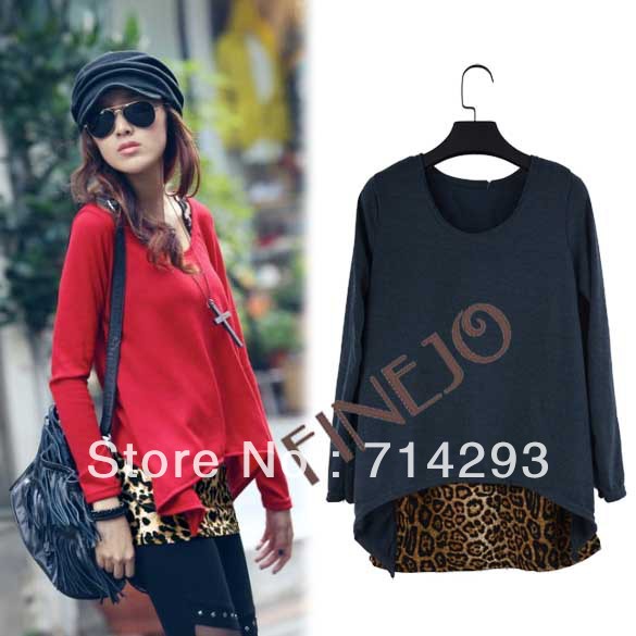Korea Women's O-neck  Loose Long Sleeve Blouse Two Pieces Leopard Knitting Blouse Shirt Free shipping 10015