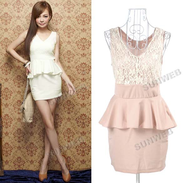 Korea Women's V-Neck Splicing Slim Fit Sleeveless Mini Dress Party Lace Dress Free shipping 10072