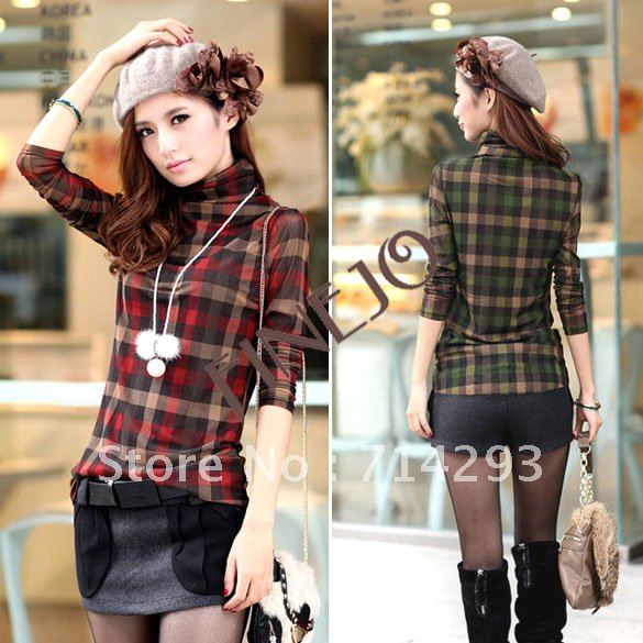 Korea Women Slim Fit High-Neck Heap Turtleneck Bottoming Plaid Shirt  2 Colors free shipping 8051