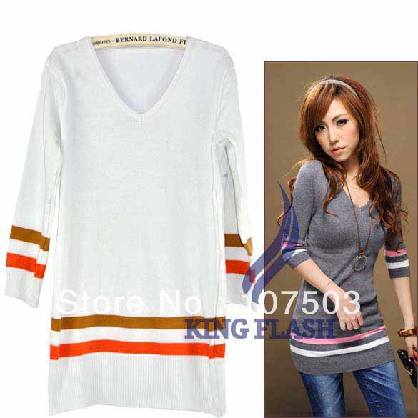 Korea Women V-neck stripe Slim Fit Three-quarter Length Sleeves long Knitting Sweaters Black, White, Gray Free shipping 8073