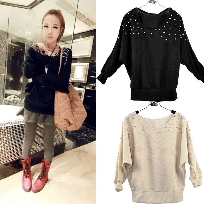 Korea Womens Long Sleeve Pearl Knit Cardigan Top Coat Lovely Sweater 2color