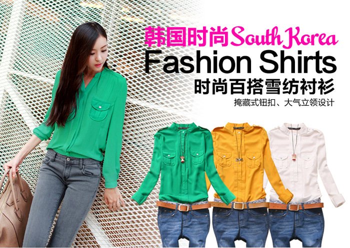 Korean Brand New Fashion Chiffon Shirt Blouses For Women 2012 New Candy Colors Mandarin Collar Ladies Long Sleeve  Shirt