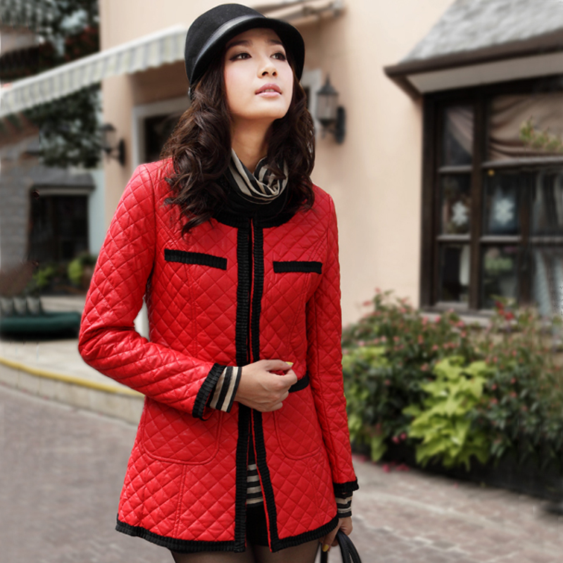 Korean brand the coat of women 2013 winter long cotton-padded leather jacket pu coat women black/red/khaki color D066