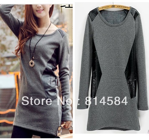 Korean Brief style women Leather decorate Slim inner fleece basic winter T-shirt or dress DL003