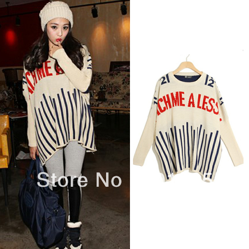 Korean Casual Women Batwing Stripe Hook Flowers Loose Sweater Tops YH3073