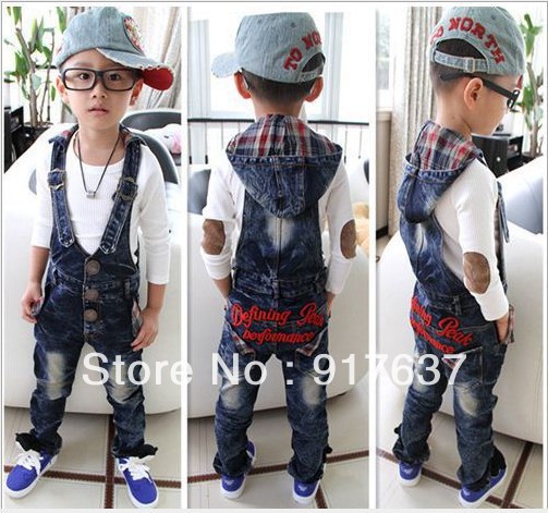 Korean children boy-girl cowboy letters embroidered Siamese trousers pocket hooded braces buckle pants