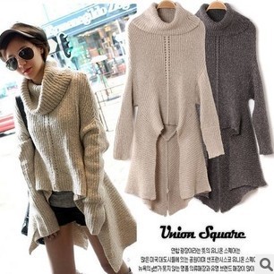 Korean Cute Sweaters Asymmetrical Hem Short Long Women Pullovers Turtleneck Cowl Neckline Dolman Sleeves Slim Coat Autumn Tops