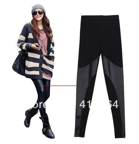 Korean explosion models half fight skin black cotton leggings pantyhose cotton stitching leather pants 3 #