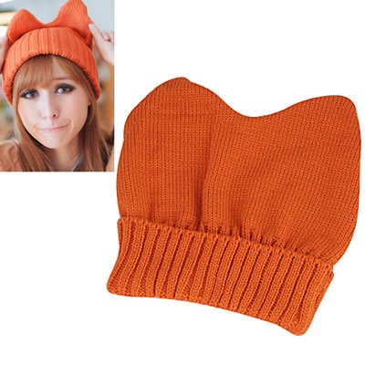 Korean Fashion Cat Ear Shape Simple Design Warm Kintting Wool Hat (Orange)