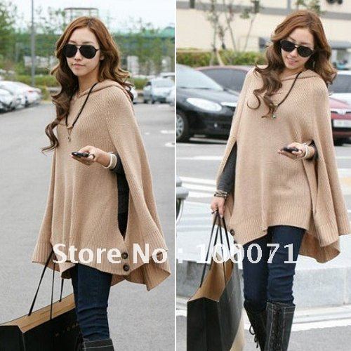 Korean Fashion Loose Four Buckle Cloak Style Apricot Hoodie Knitwear Knitted Sweater Jacket Coat  [24055|01|01]