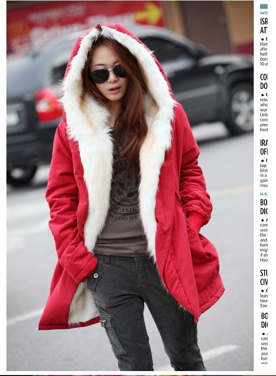 Korean Fashion oge collar hooded plus fluff inside warm coat jacket 2976N369