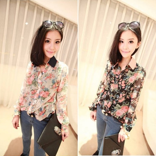 Korean Fashion Snow Spins Perspective Roses Pattern Spend Shirt Long Sleeve Lapel T-shirt Tops ca1096 [23900|99|01]