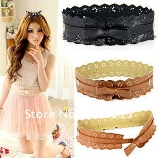 korean fashion woman wholesale leather hollow out flower bow tie width waistband belt  ,4 color ,3pcs/lot free shipping
