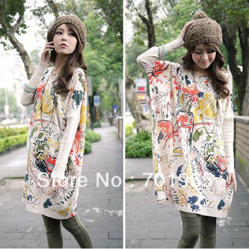 Korean Fashion Women Printed Round Neck Long Loose Sweater Tops YH3068