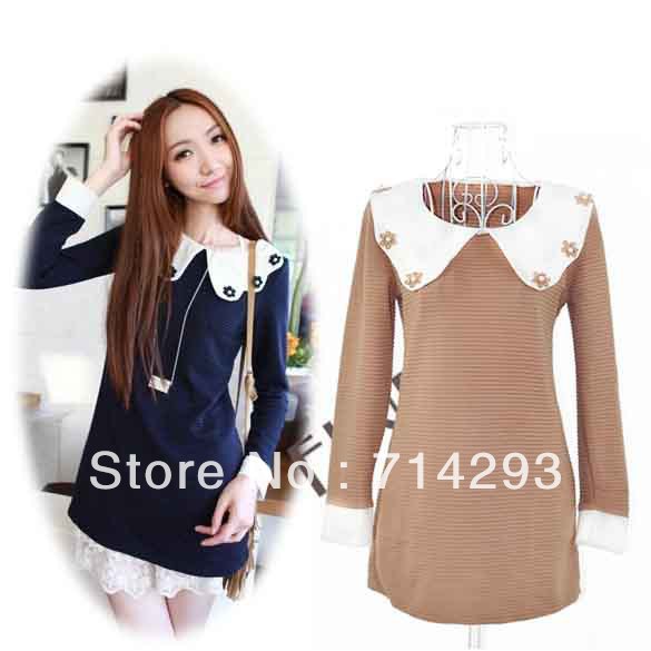Korean Fashion Women's Casual Slim Fit Flowers Doll Collar Long Sleeve Dress 2Colors free shipping 9187