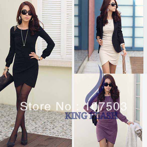 Korean Fashion Women's Slim OL Fit Round Neck Long Sleeve Dress Rivet Decoration Mini Black; Beige,Purple 7985