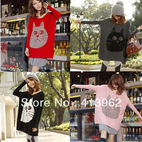 Korean Fashion Womens Round Neck Cute Cat Cartoon Loose Sweater Tops YH3069