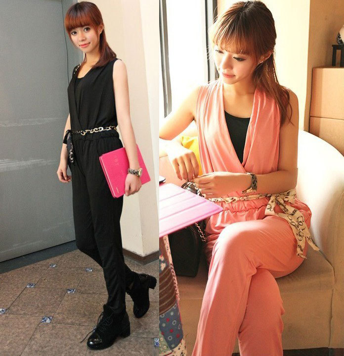 Korean Fashion Womens Trendy Ladies Sleeveless Deep V Neck Jumpsuit Pink Black